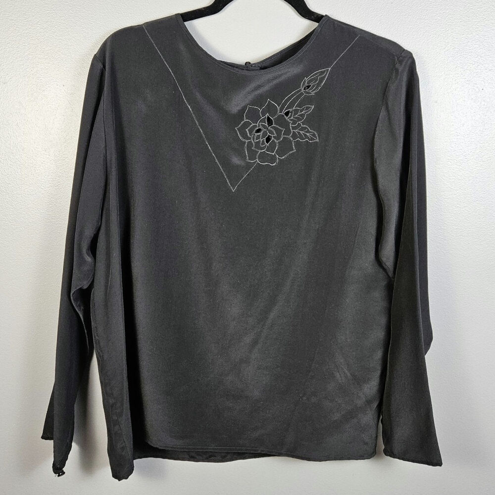 Vintage Panther 100%‎ Silk Black Embroidered Blouse Long Sleeve Keyhole Top